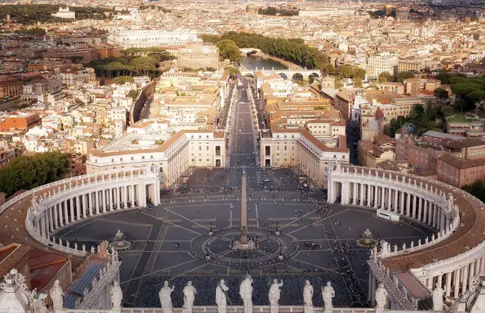 Panoramic view from St. Peter's Square with its obelisk, Viale della Conciliazione and in the background the river Tiber.