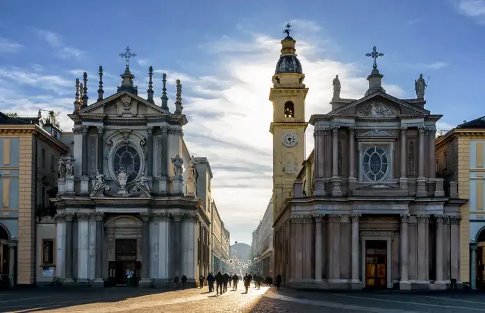 Piazza San Carlo, one of the main squares of Turin (Italy) with its twin churches